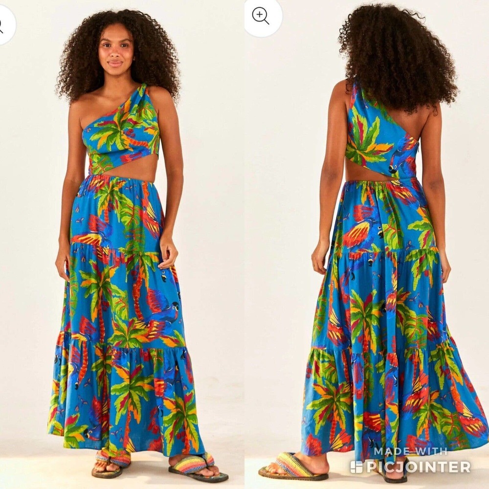 FARM Rio Blue Tropical One-Shoulder Maxi Dress with Green & Orange Print